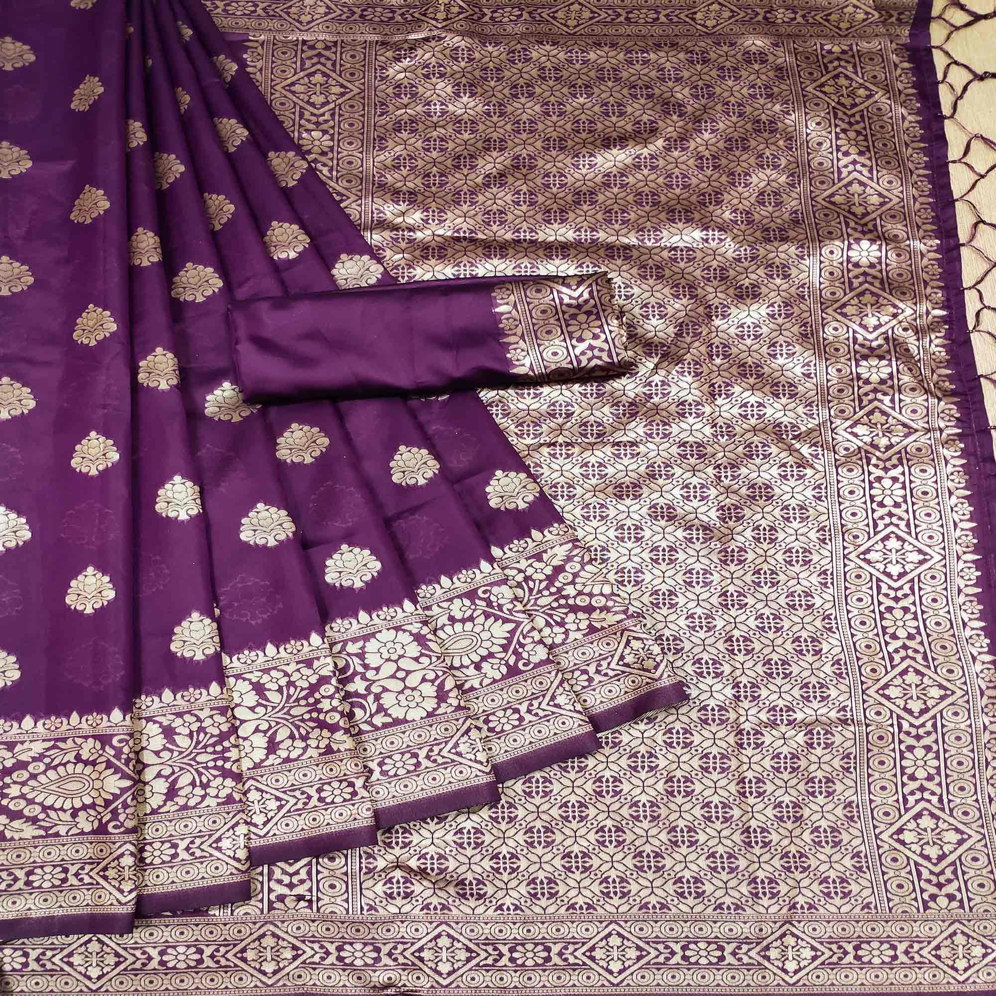 Wine Festive Wear Woven Silk Saree - Peachmode