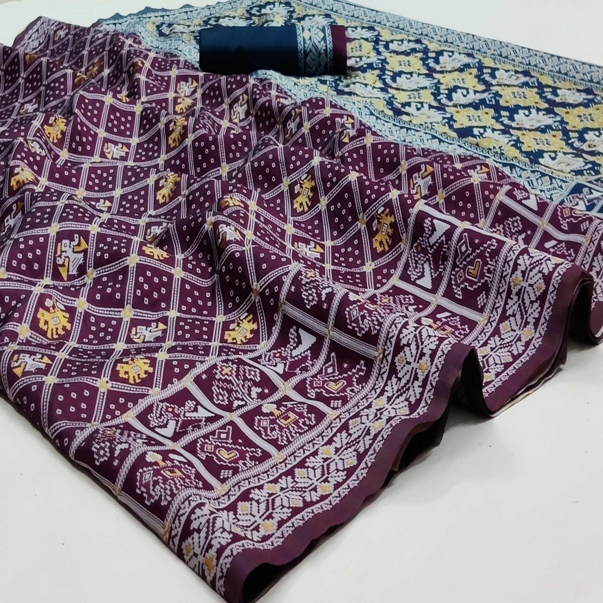 Wine Festive Wear Woven Soft Silk Patola Saree - Peachmode