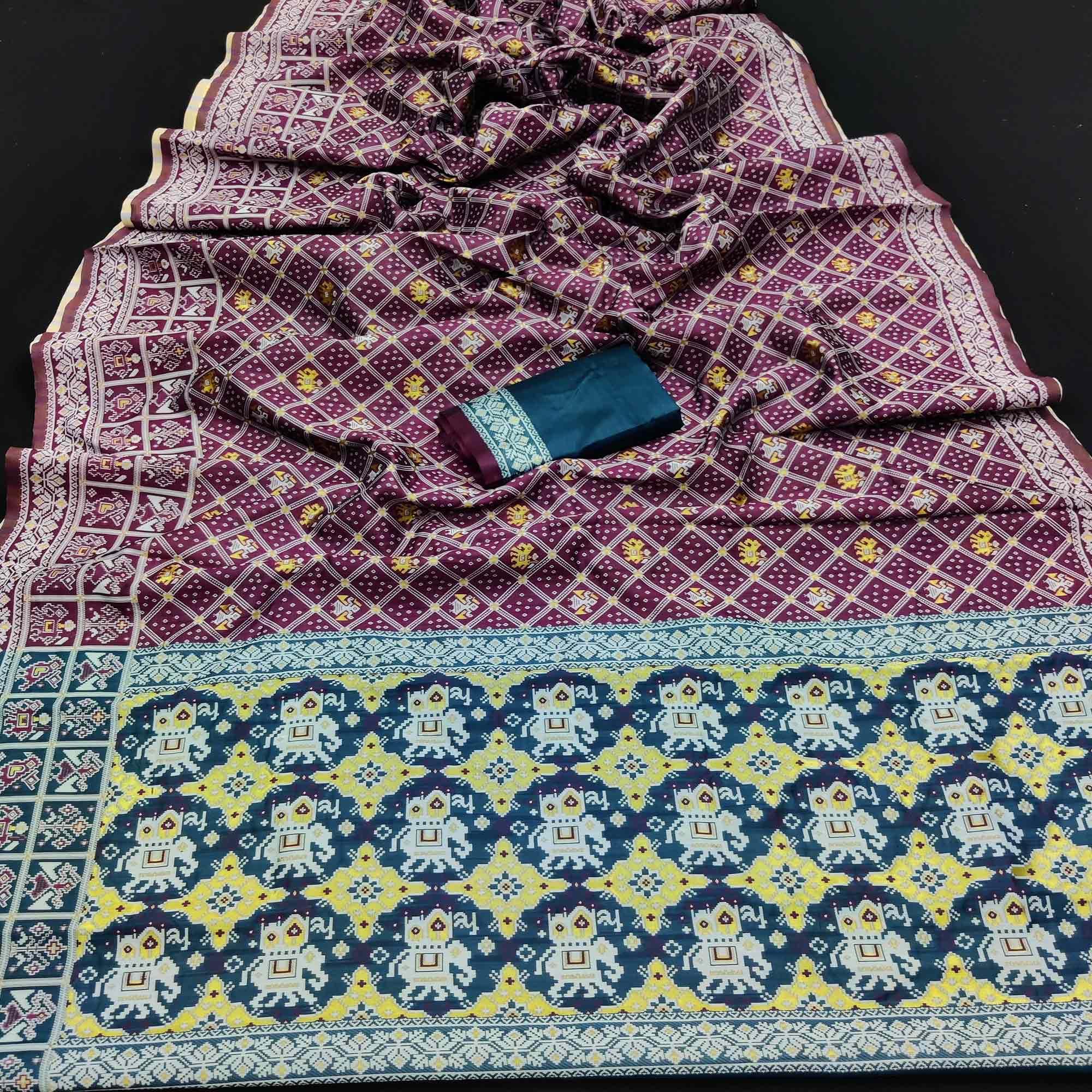 Wine Festive Wear Woven Soft Silk Patola Saree - Peachmode