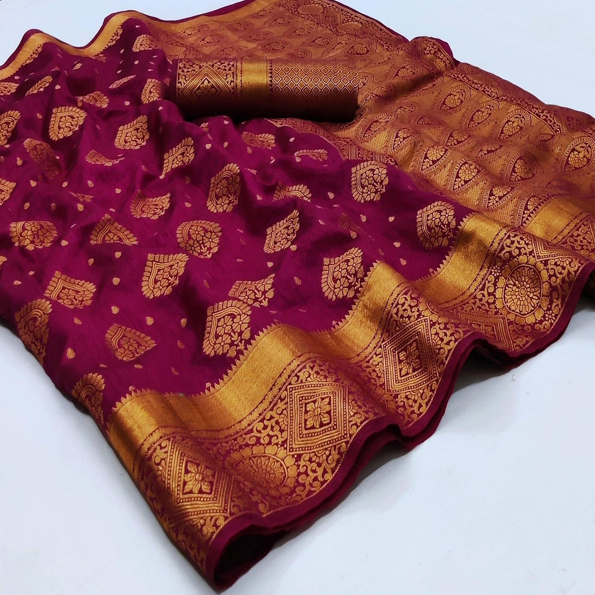 Wine Festive Wear Woven Soft Silk Saree - Peachmode