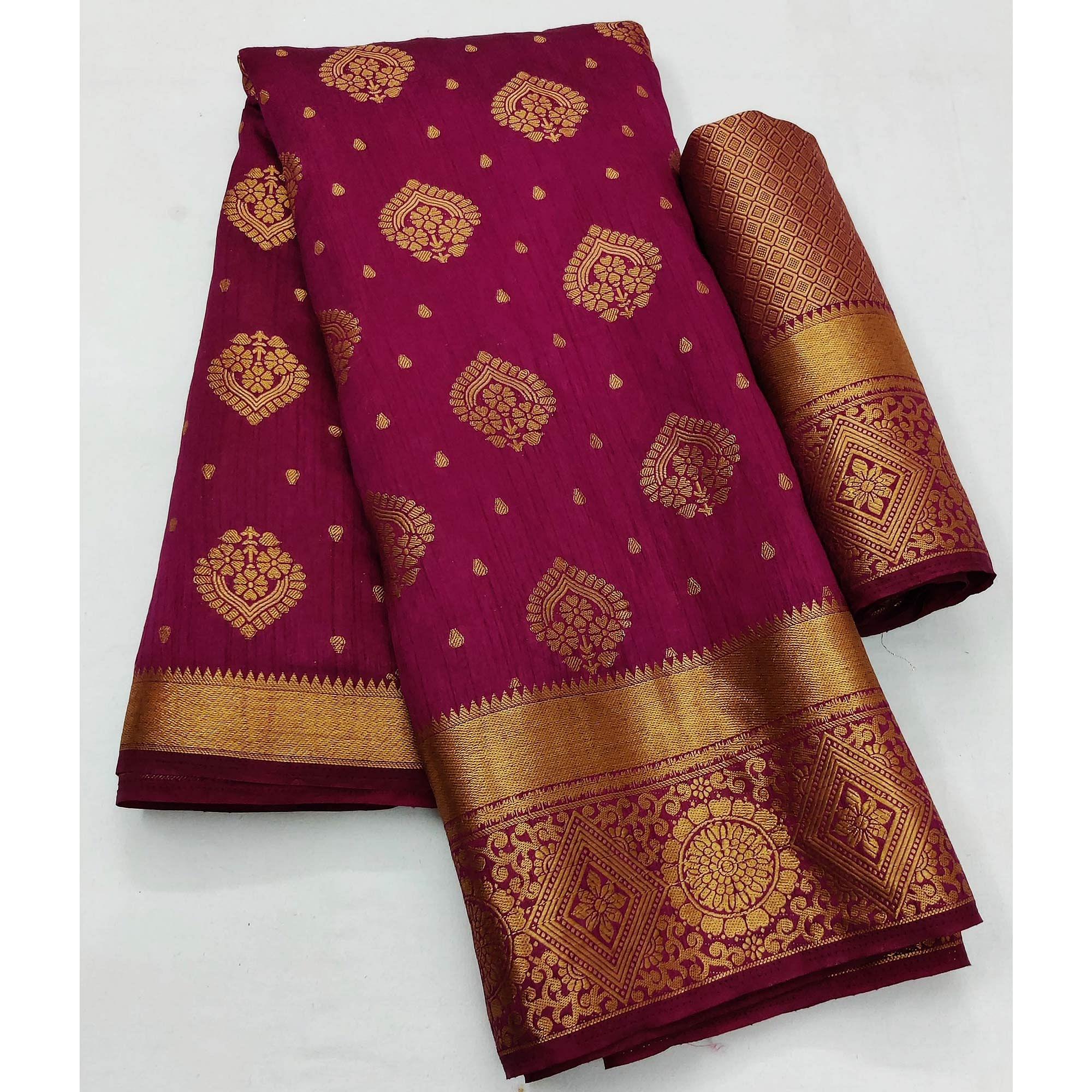Wine Festive Wear Woven Soft Silk Saree - Peachmode