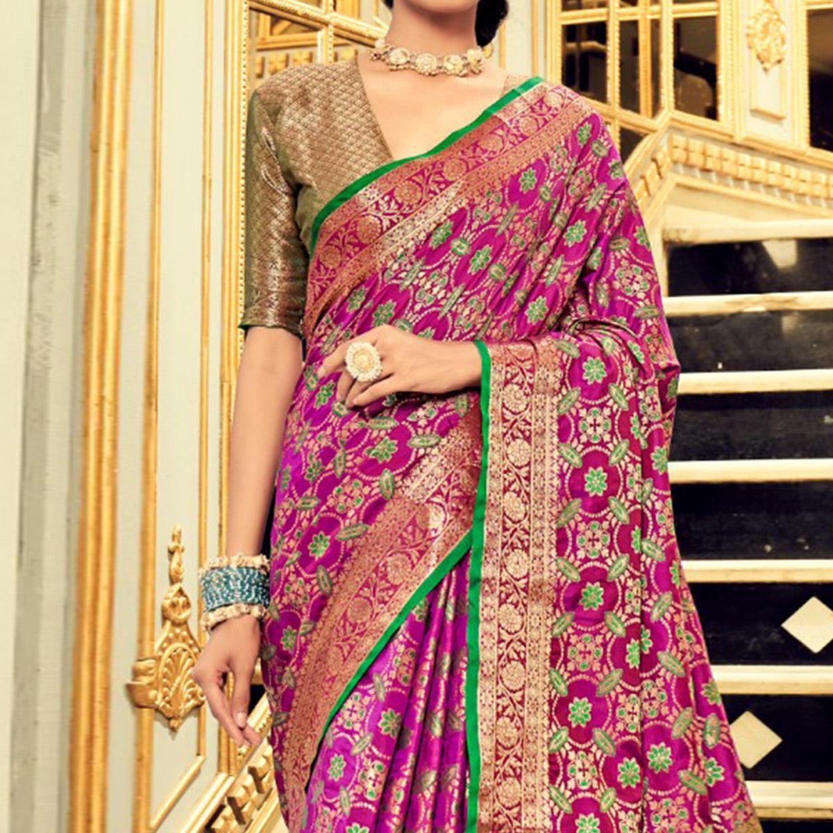 Wine Festive Wear Woven Zari Potola Silk Saree - Peachmode