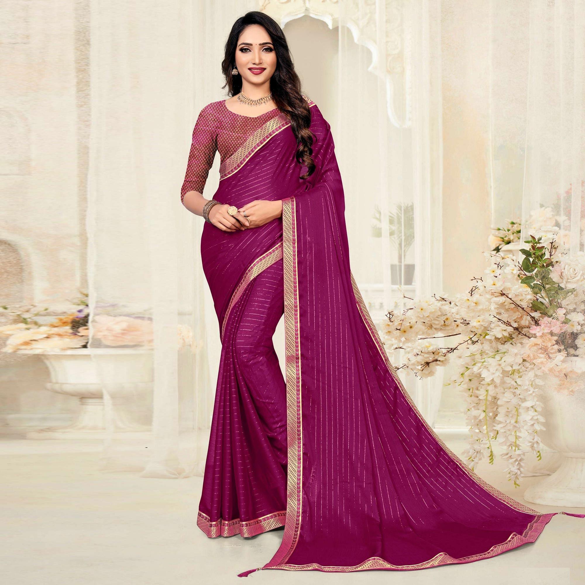 Wine Festive Wear Zari Chiffon Saree - Peachmode