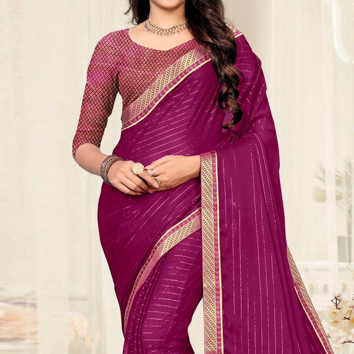 Wine Festive Wear Zari Chiffon Saree - Peachmode