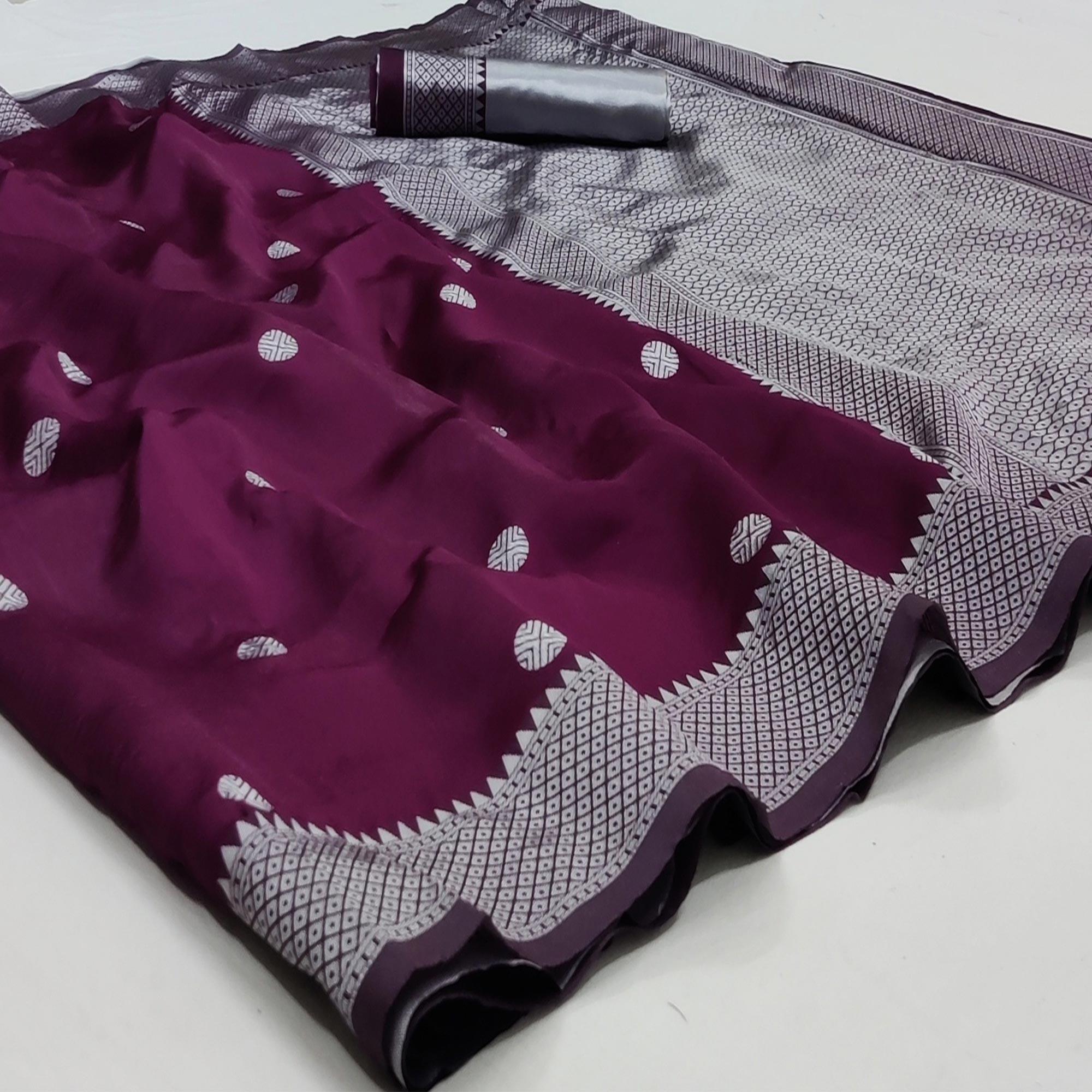 Wine Festive Wear Zari Woven Soft Silk Saree - Peachmode
