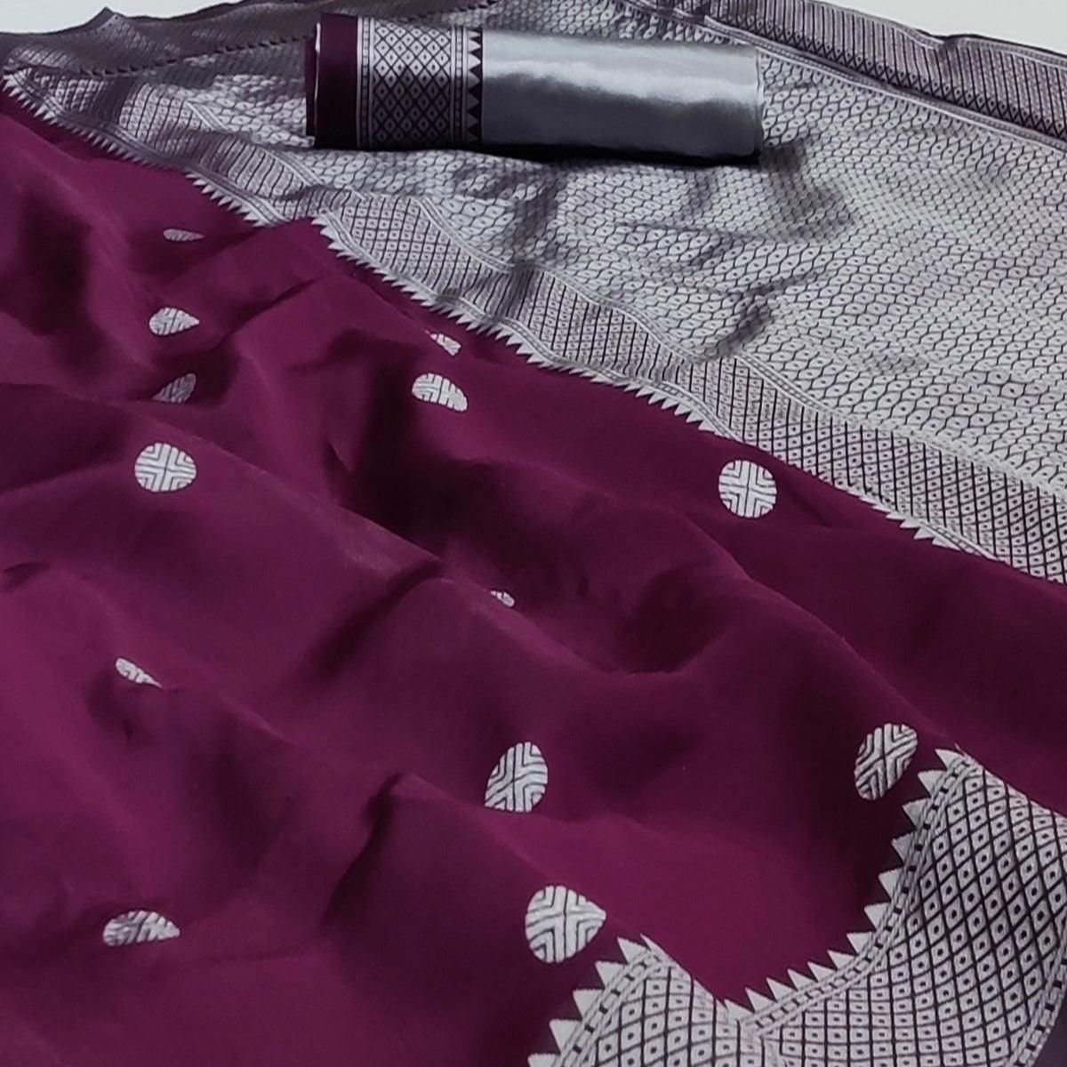 Wine Festive Wear Zari Woven Soft Silk Saree - Peachmode