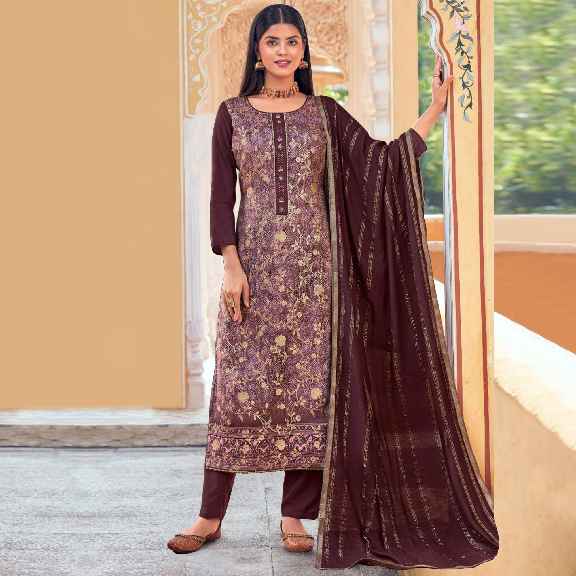 Wine Floral Digital Printed Dola Silk Salwar Suit - Peachmode