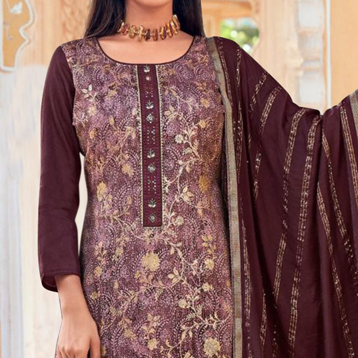 Wine Floral Digital Printed Dola Silk Salwar Suit - Peachmode