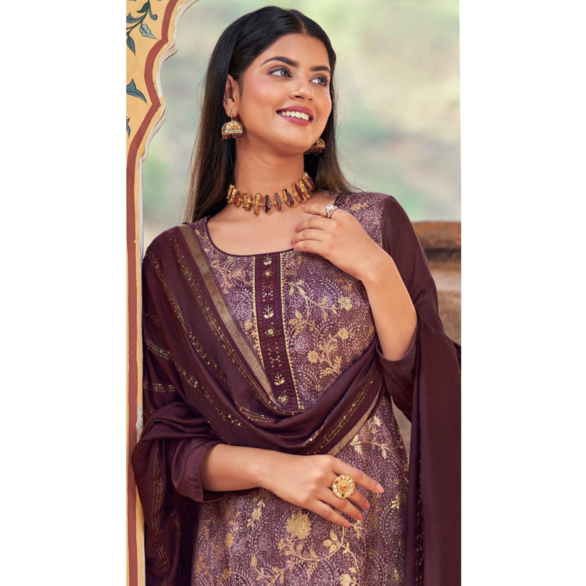 Wine Floral Digital Printed Dola Silk Salwar Suit - Peachmode