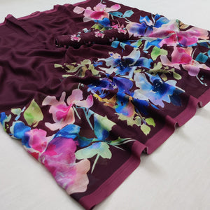Wine Floral Digital Printed Georgette Saree - Peachmode