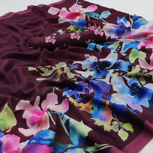 Wine Floral Digital Printed Georgette Saree - Peachmode