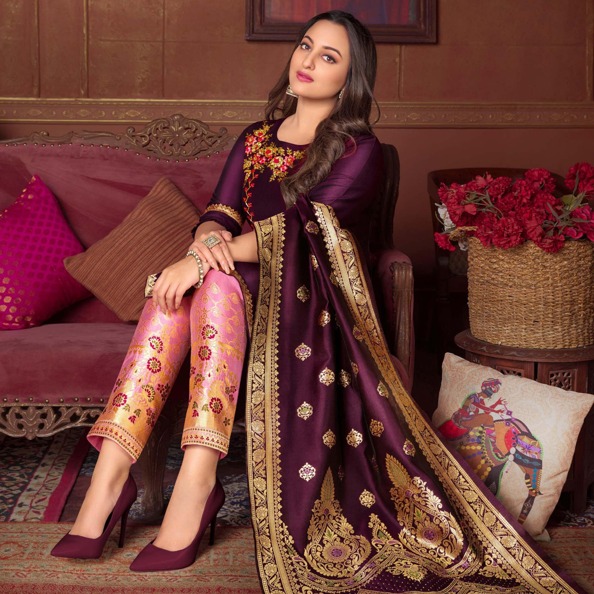 Wine Floral Embroidered Art Silk Kurti Pant Set With Dupatta - Peachmode