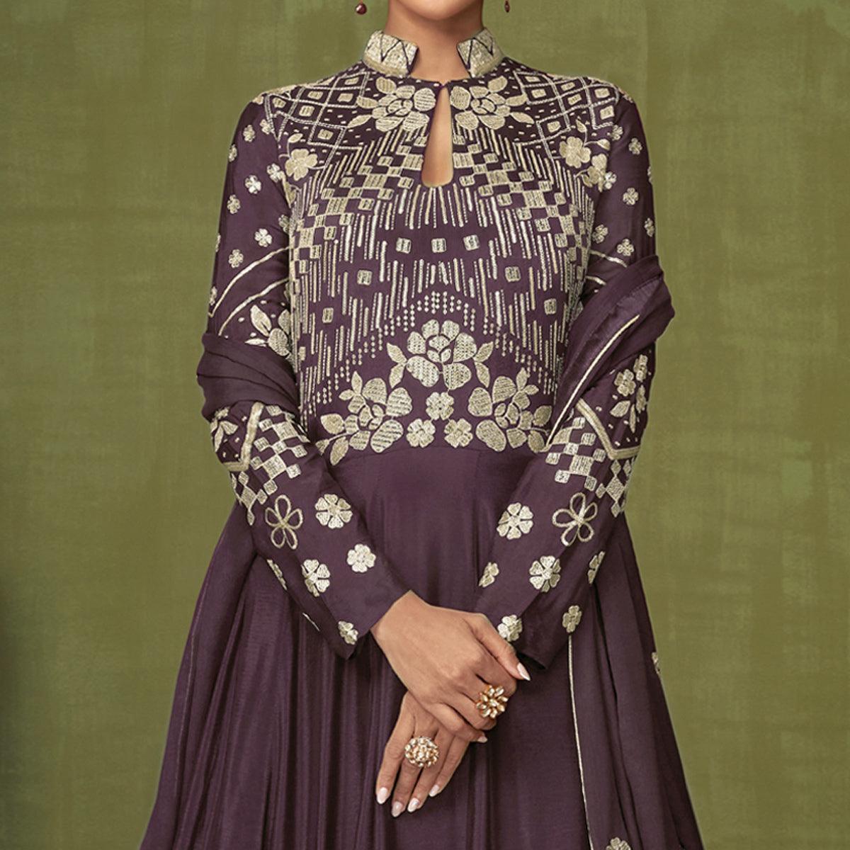 Wine Floral Embroidered Georgette Anarkali Style Gown - Peachmode