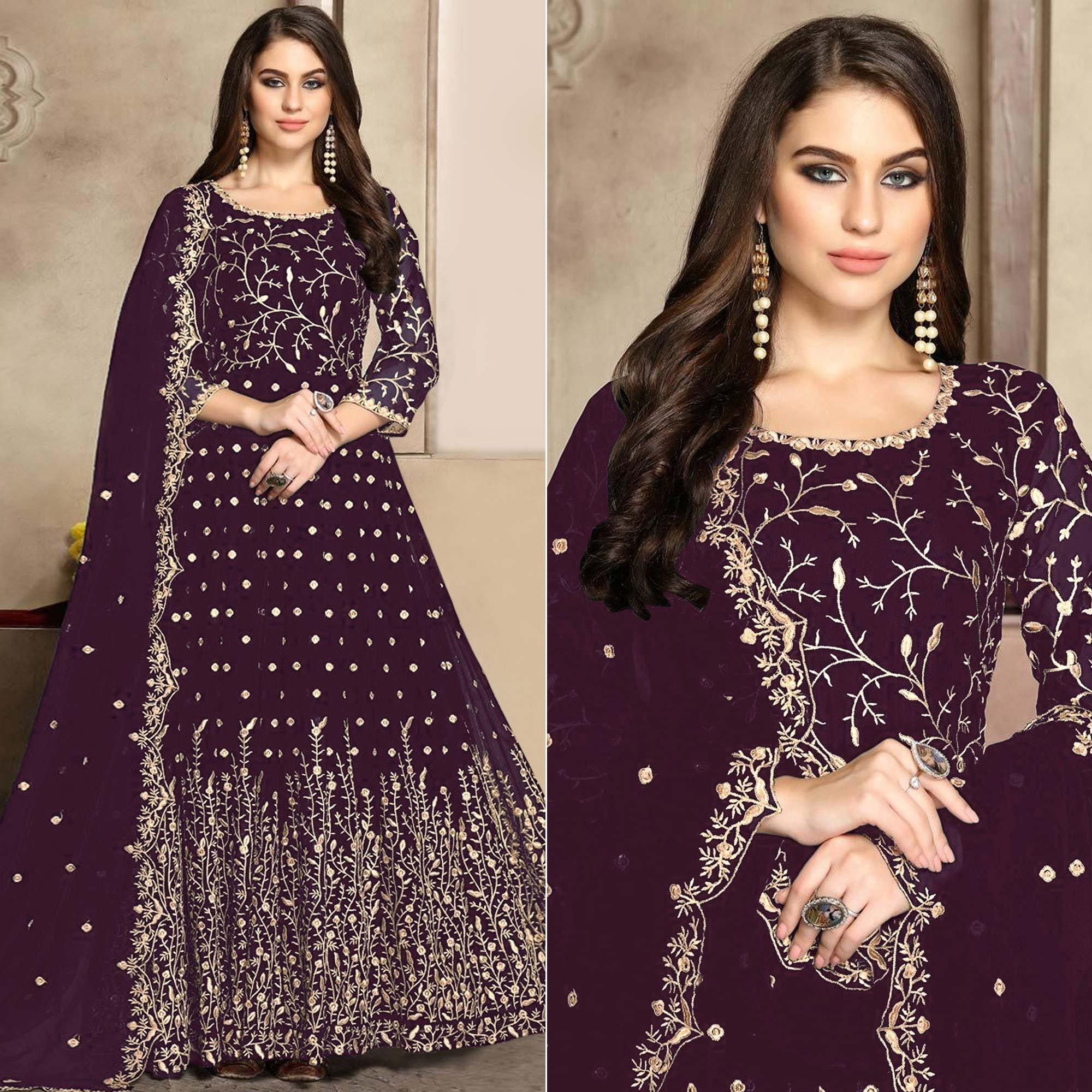 Wine Floral Embroidered Georgette Anarkali Suit - Peachmode