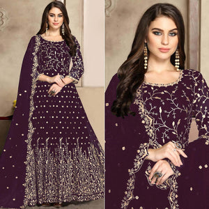 Wine Floral Embroidered Georgette Anarkali Suit - Peachmode