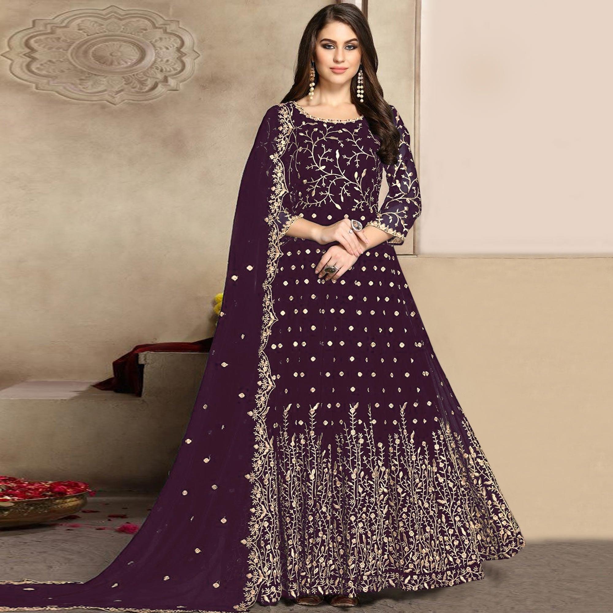 Wine Floral Embroidered Georgette Anarkali Suit - Peachmode
