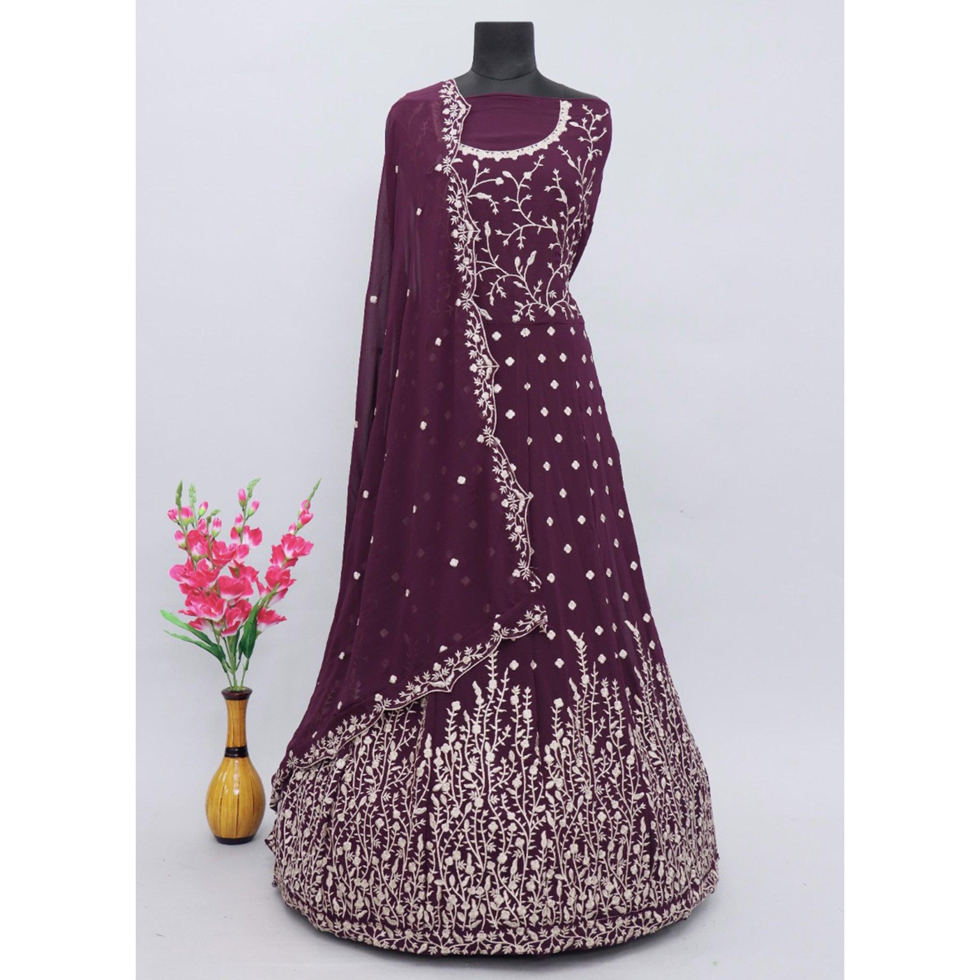 Wine Floral Embroidered Georgette Anarkali Suit - Peachmode