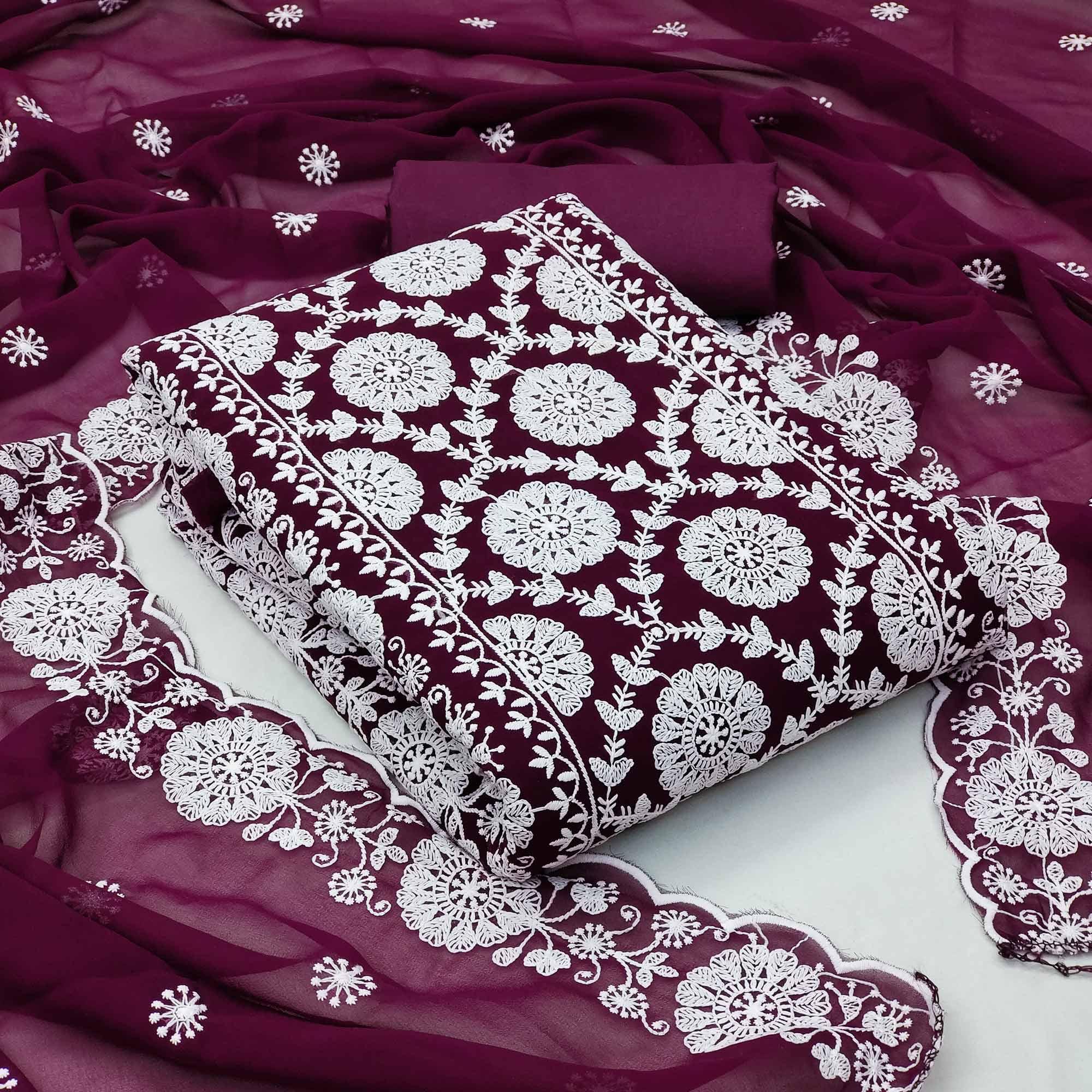 Wine Floral Embroidered Georgette Dress Material - Peachmode