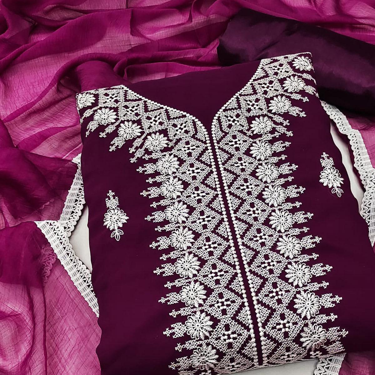 Wine Floral Embroidered Georgette Dress Material - Peachmode