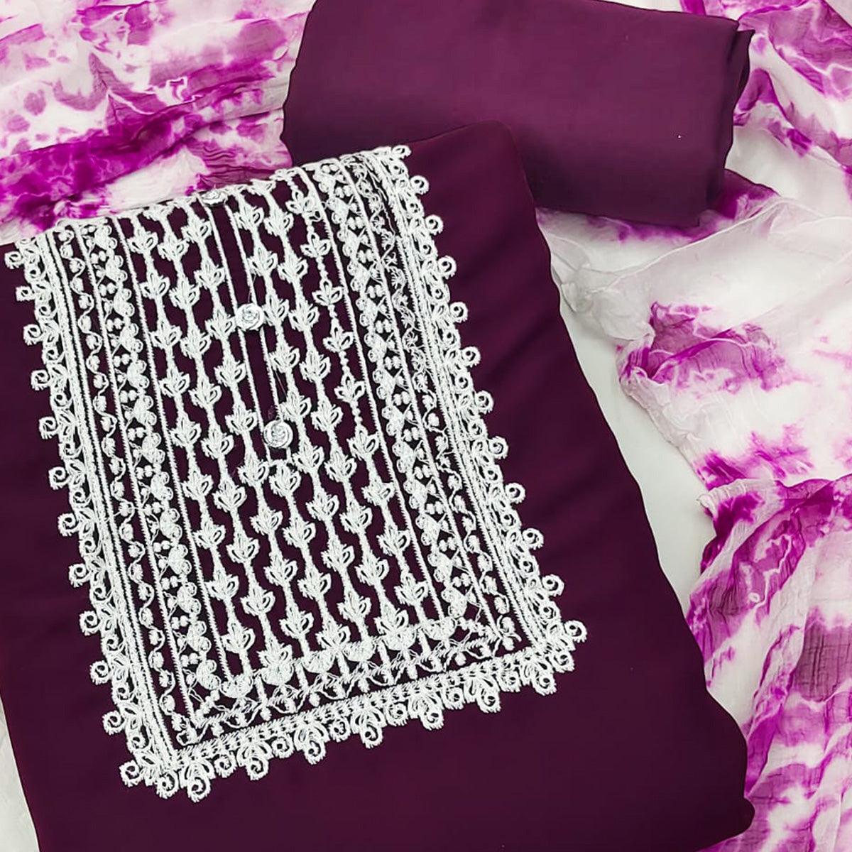 Wine Floral Embroidered Georgette Dress Material - Peachmode