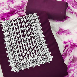 Wine Floral Embroidered Georgette Dress Material - Peachmode