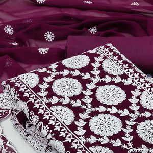 Wine Floral Embroidered Georgette Dress Material - Peachmode