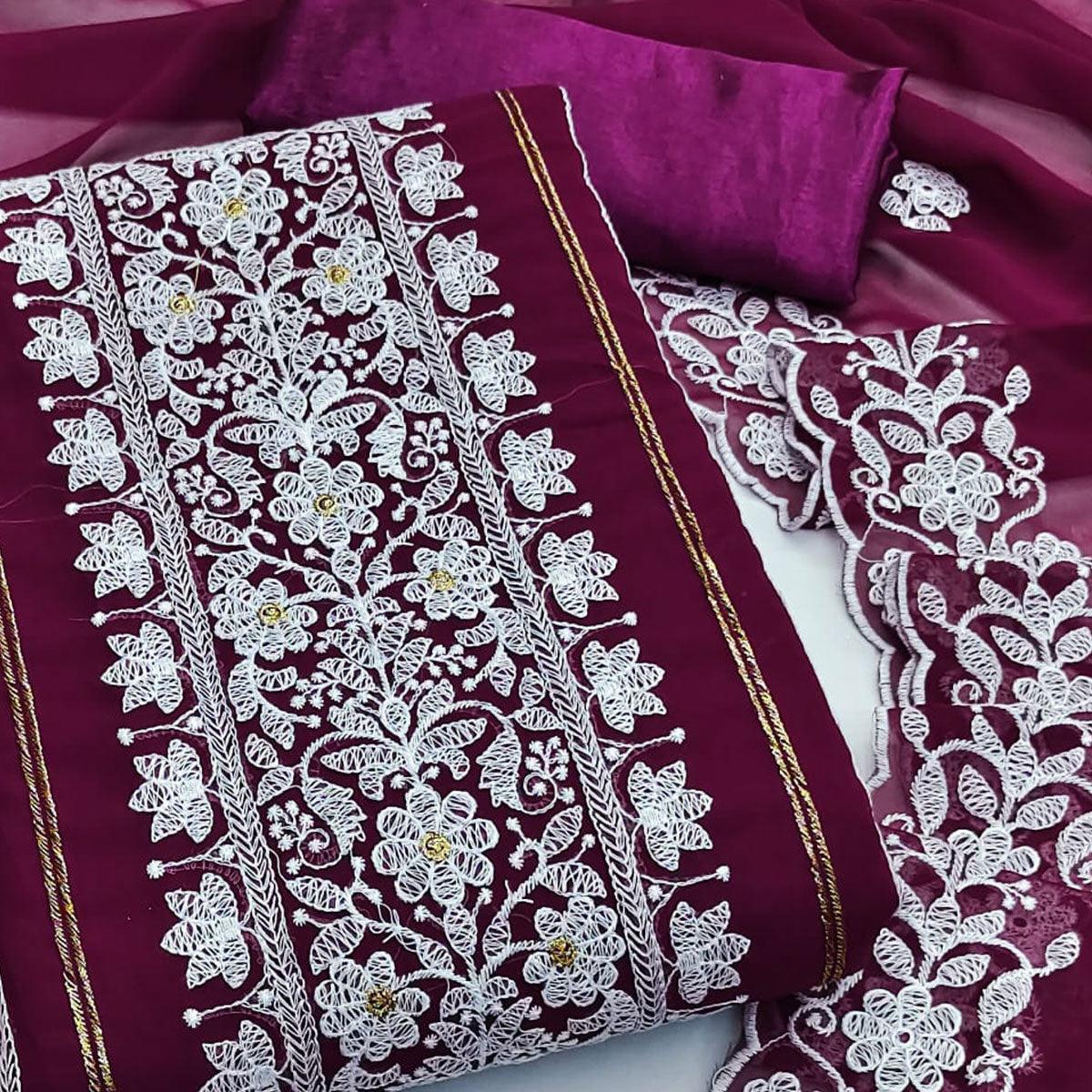 Wine Floral Embroidered Georgette Dress Material - Peachmode