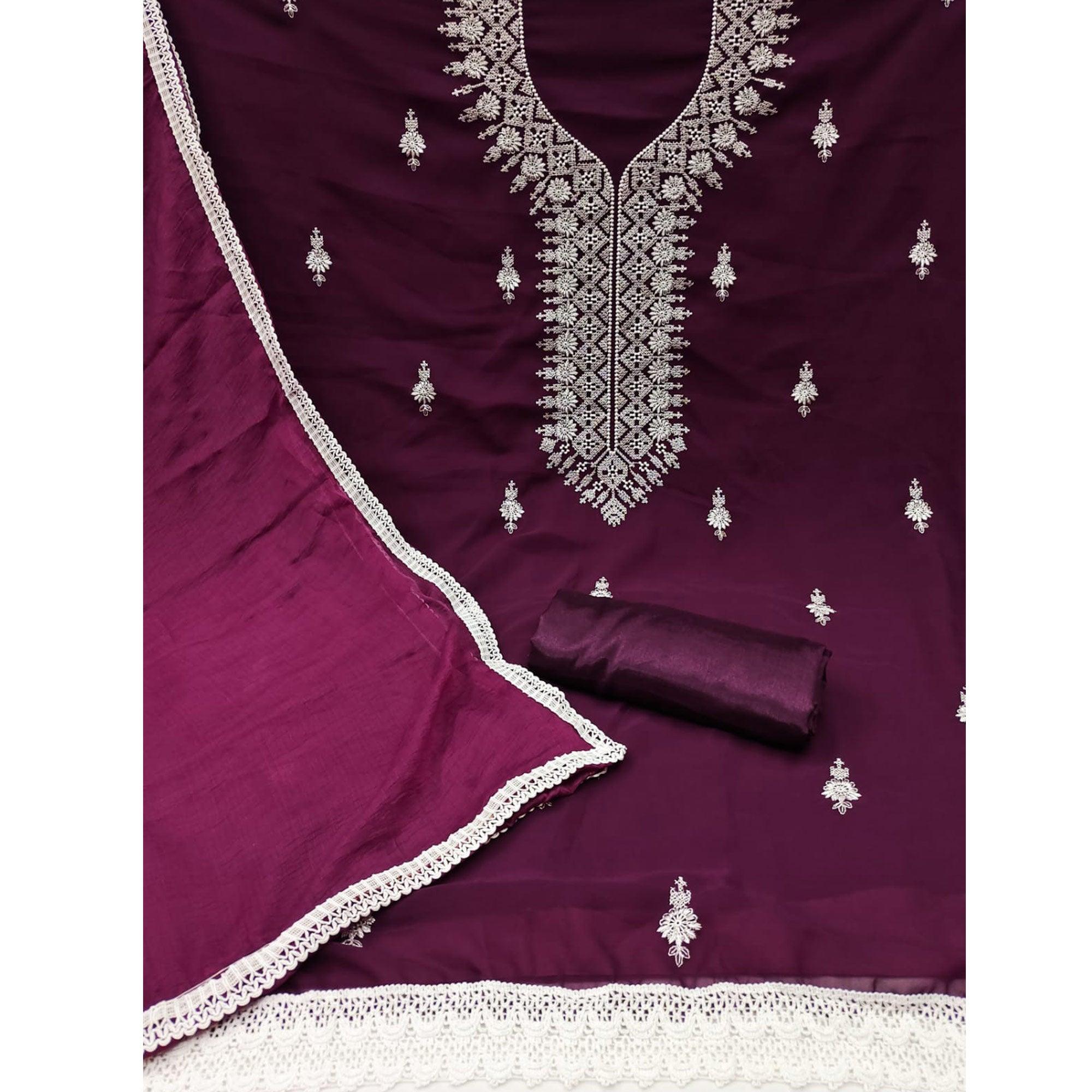 Wine Floral Embroidered Georgette Dress Material - Peachmode