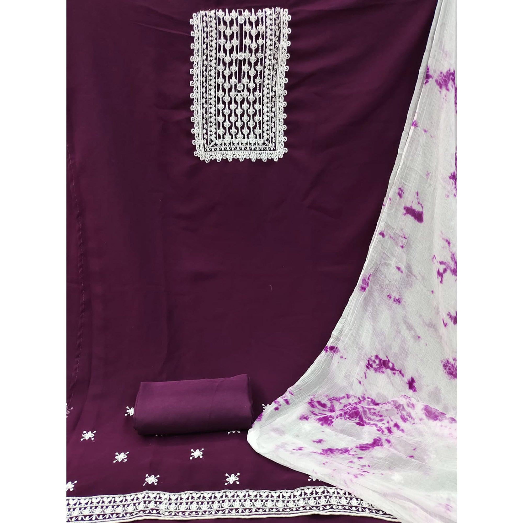 Wine Floral Embroidered Georgette Dress Material - Peachmode