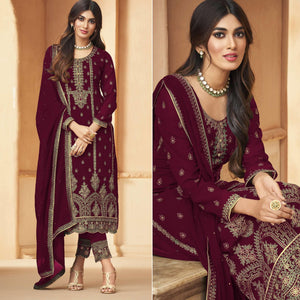 Wine Floral Embroidered Georgette Pakistani Suit - Peachmode