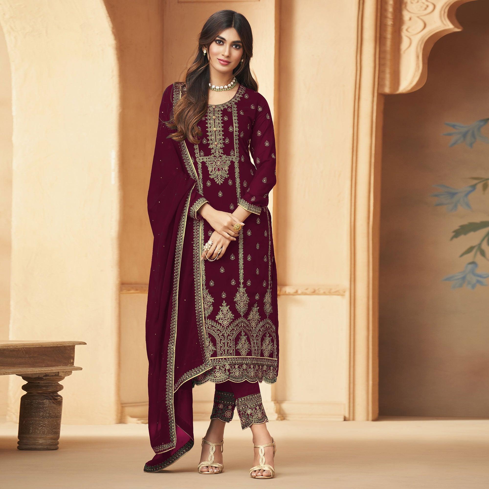 Wine Floral Embroidered Georgette Pakistani Suit - Peachmode