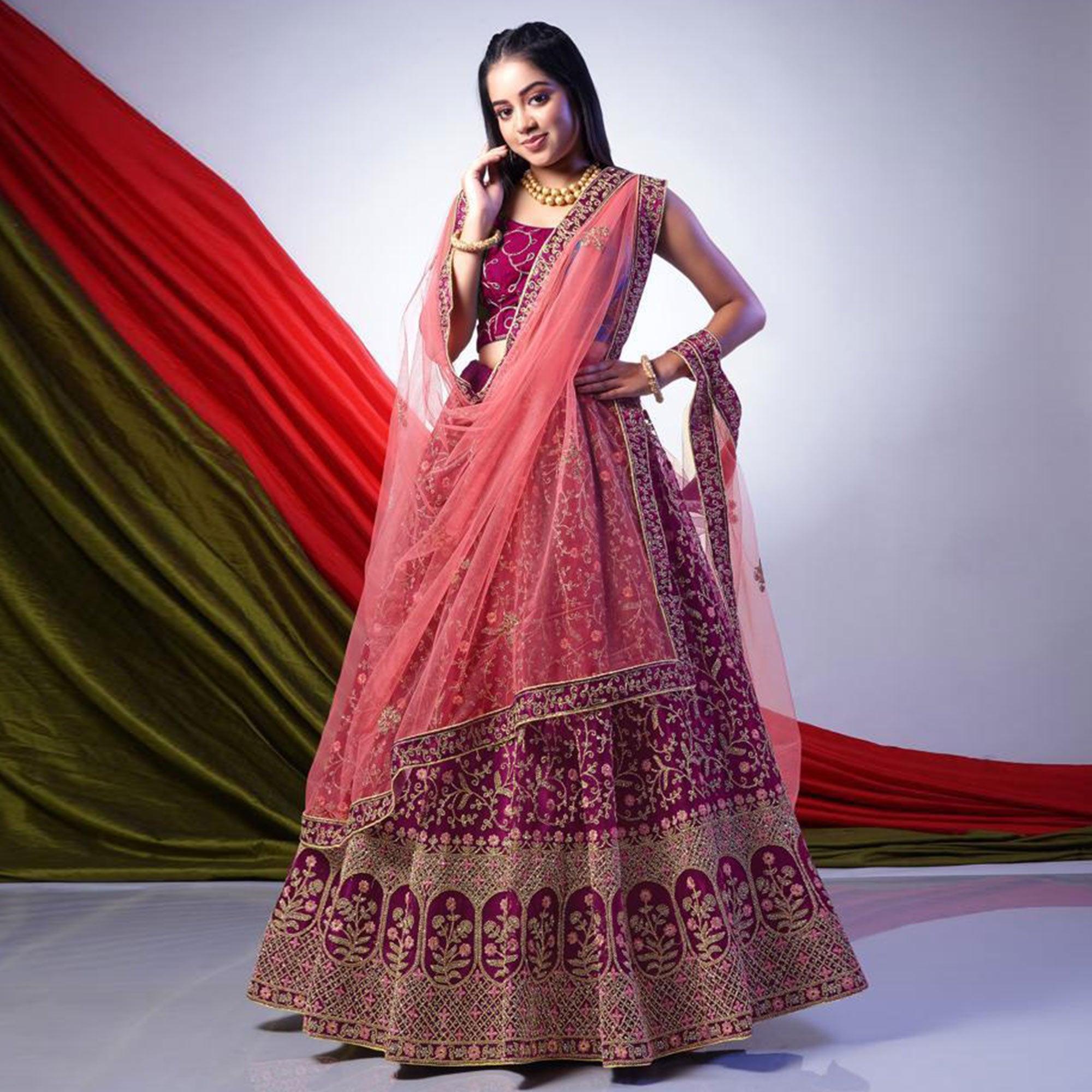 Wine Floral Embroidered Net Lehenga Choli - Peachmode