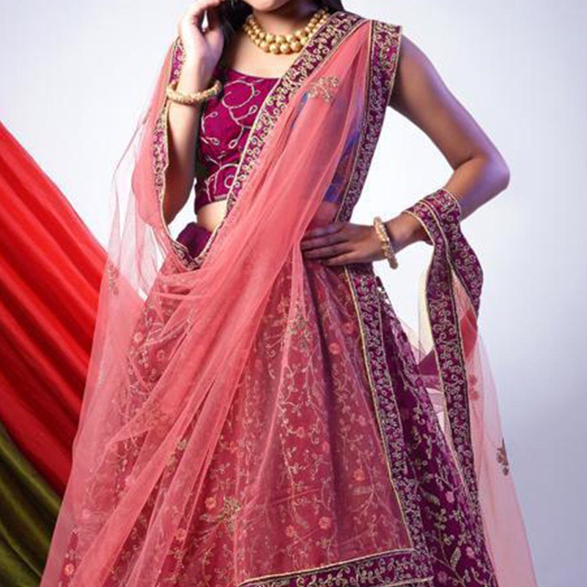 Wine Floral Embroidered Net Lehenga Choli - Peachmode