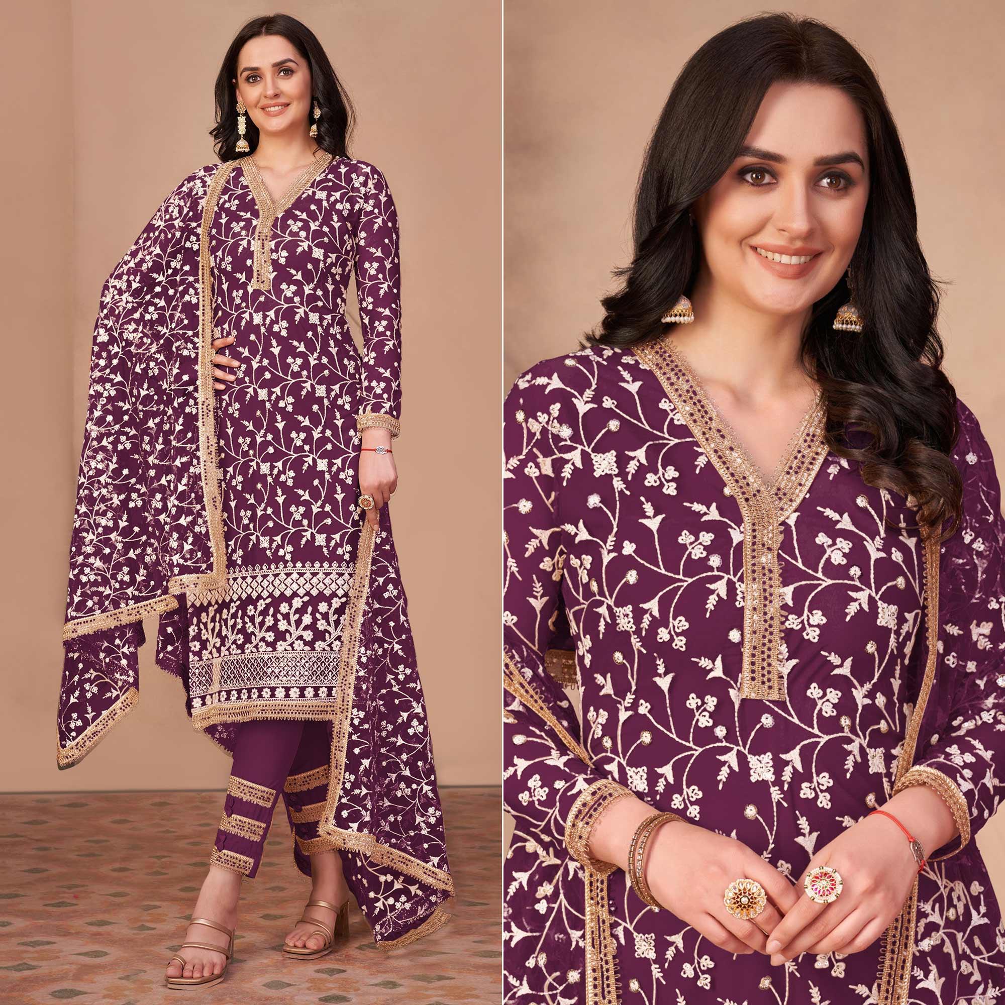 Wine Floral Embroidered Netted Suit - Peachmode