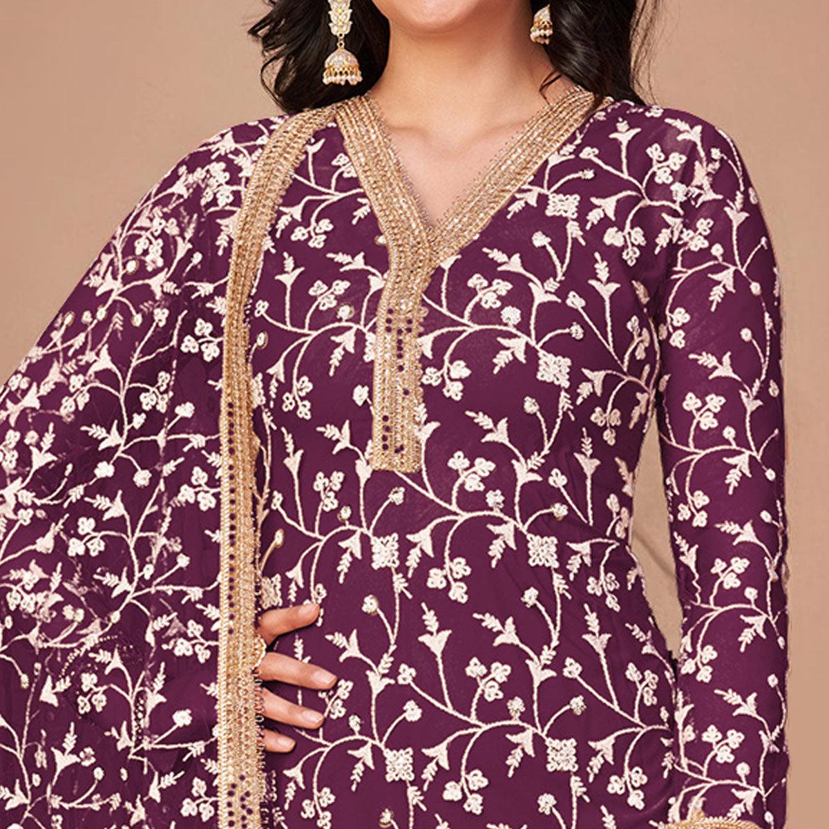 Wine Floral Embroidered Netted Suit - Peachmode
