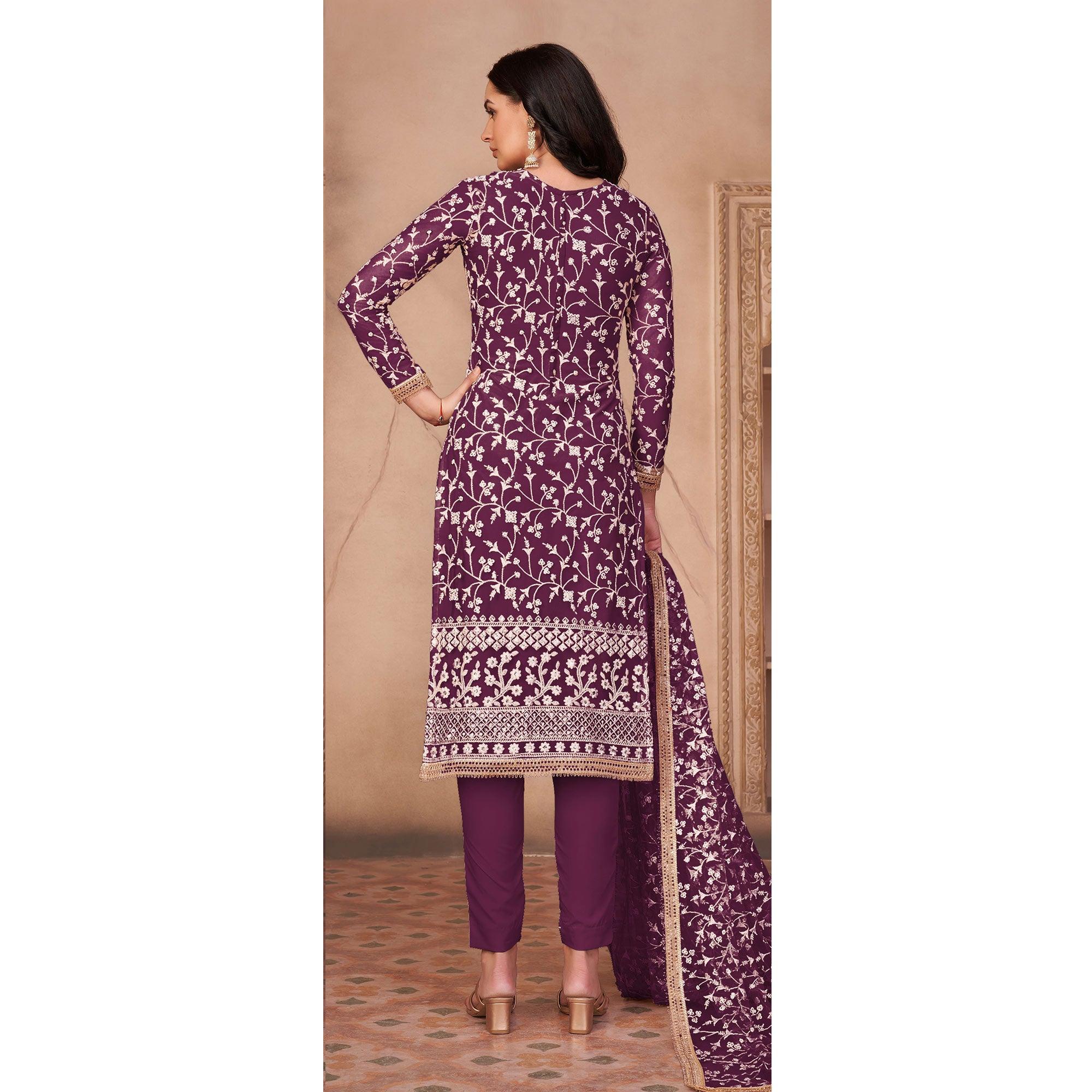 Wine Floral Embroidered Netted Suit - Peachmode