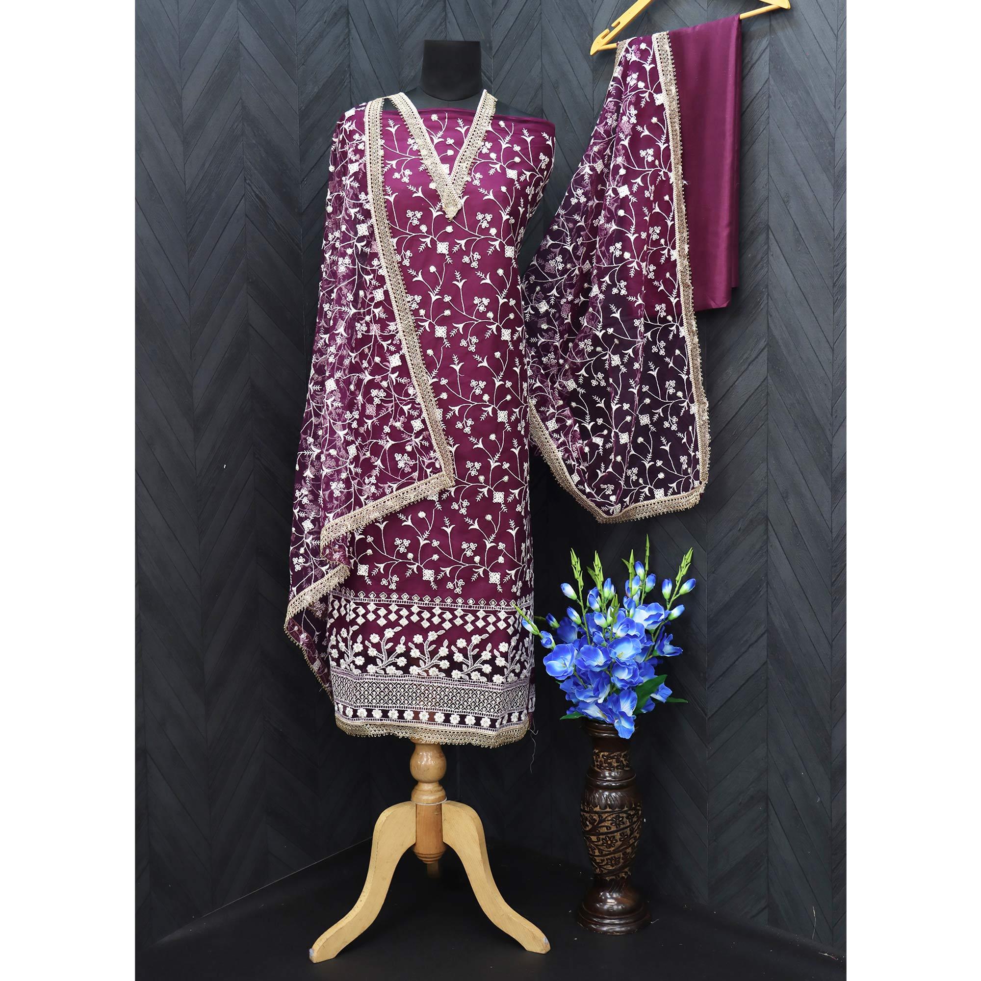 Wine Floral Embroidered Netted Suit - Peachmode