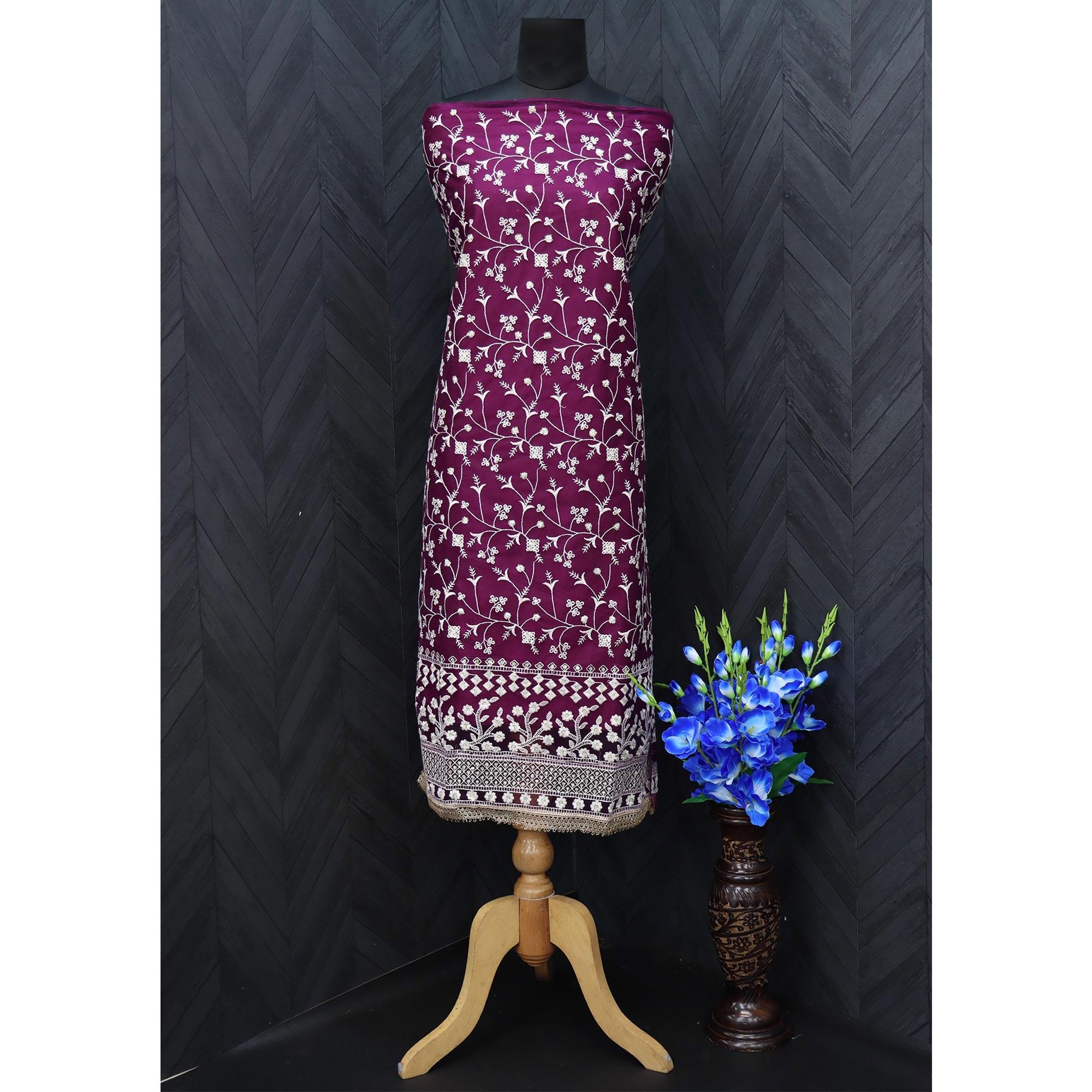 Wine Floral Embroidered Netted Suit - Peachmode