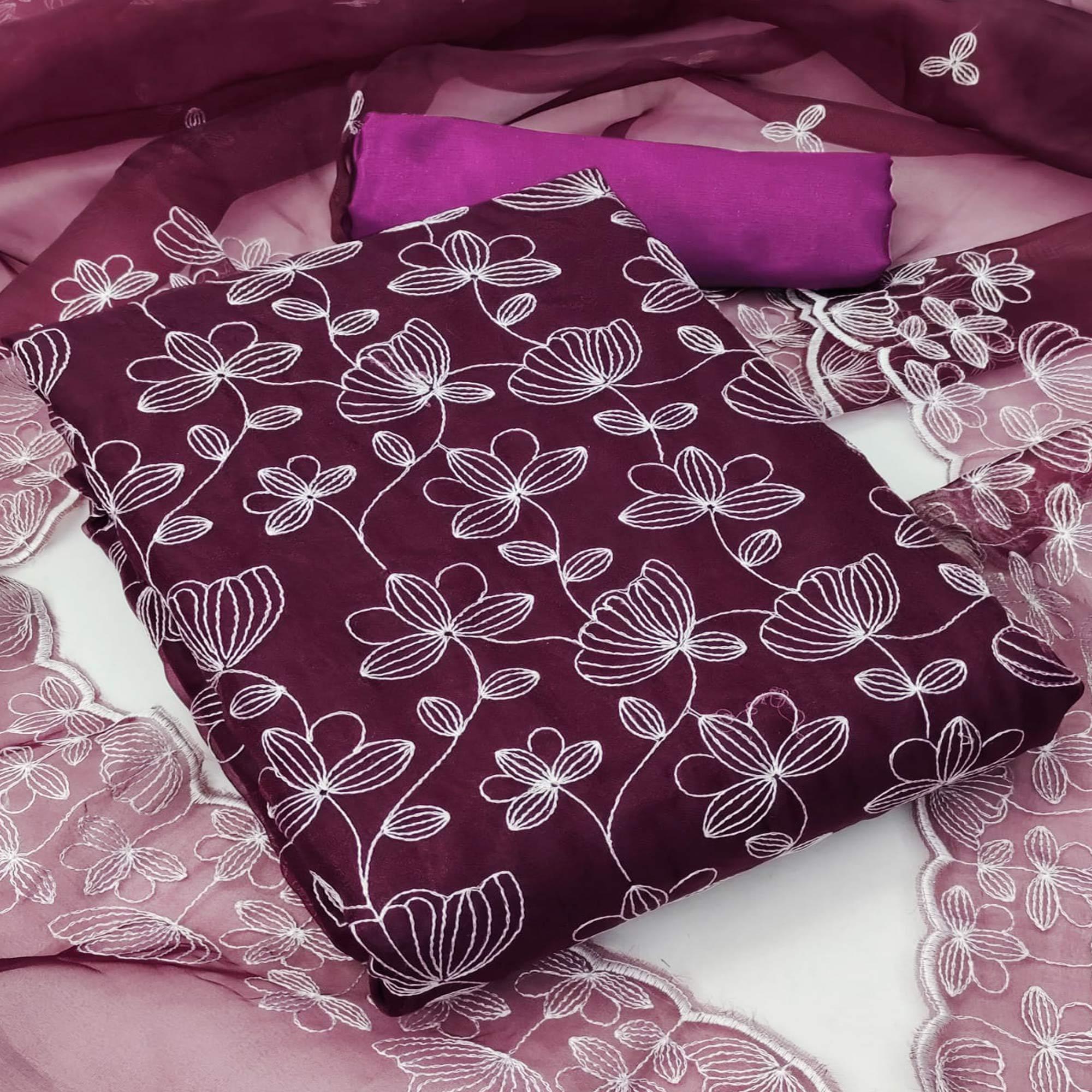 Wine Floral Embroidered Organza Dress Material - Peachmode