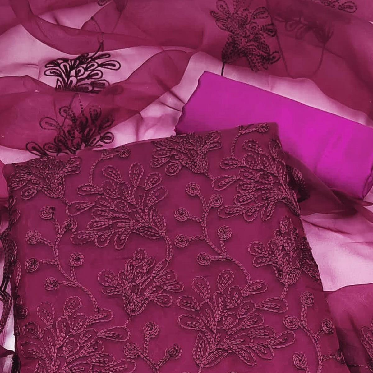 Wine Floral Embroidered Organza Dress Material - Peachmode