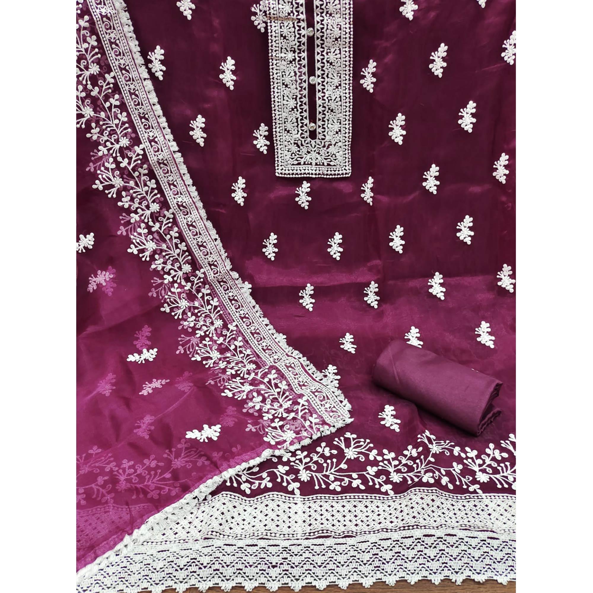 Wine Floral Embroidered Organza Dress Material - Peachmode