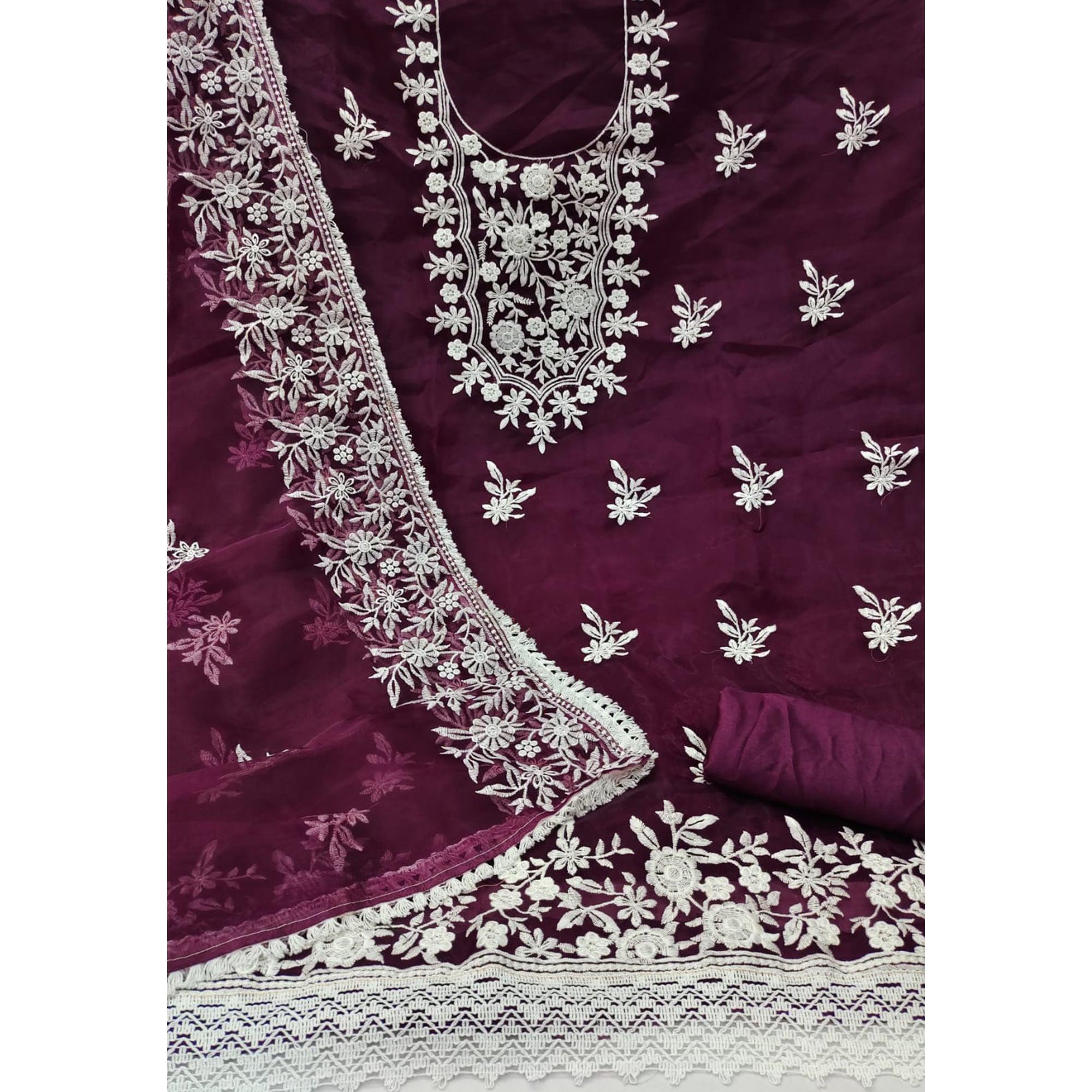 Wine Floral Embroidered Organza Dress Material - Peachmode