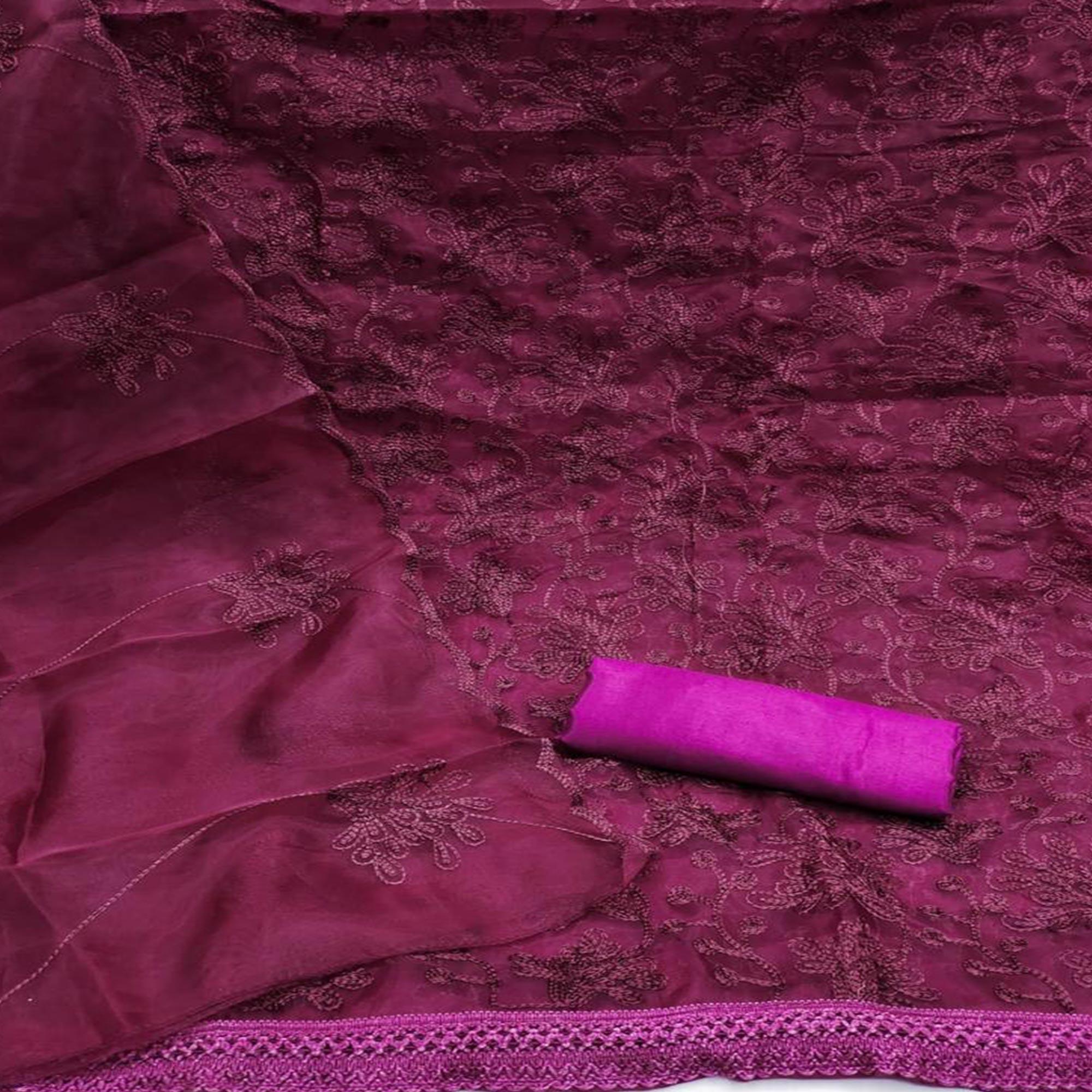 Wine Floral Embroidered Organza Dress Material - Peachmode