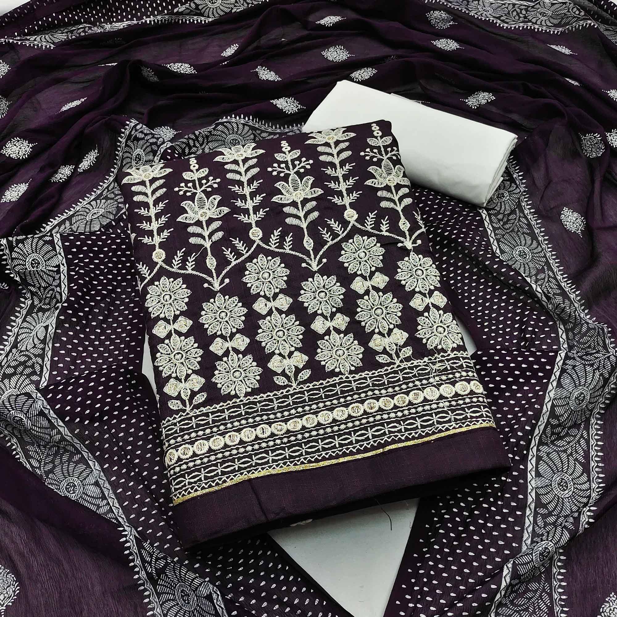 Wine Floral Embroidered Pure Cotton Dress Material - Peachmode