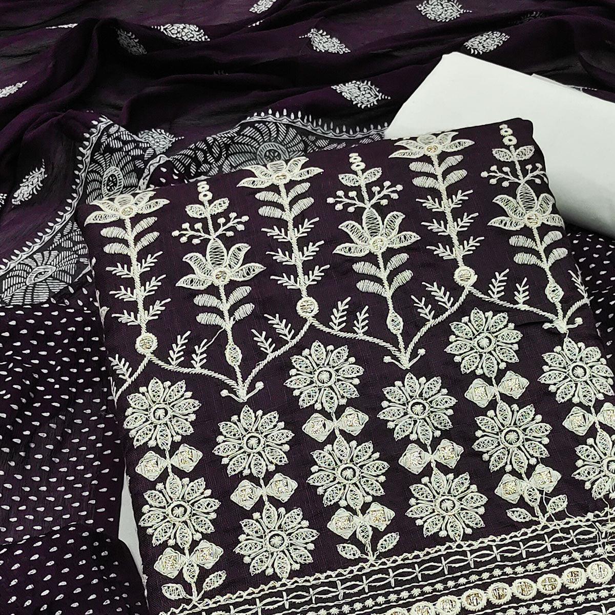 Wine Floral Embroidered Pure Cotton Dress Material - Peachmode