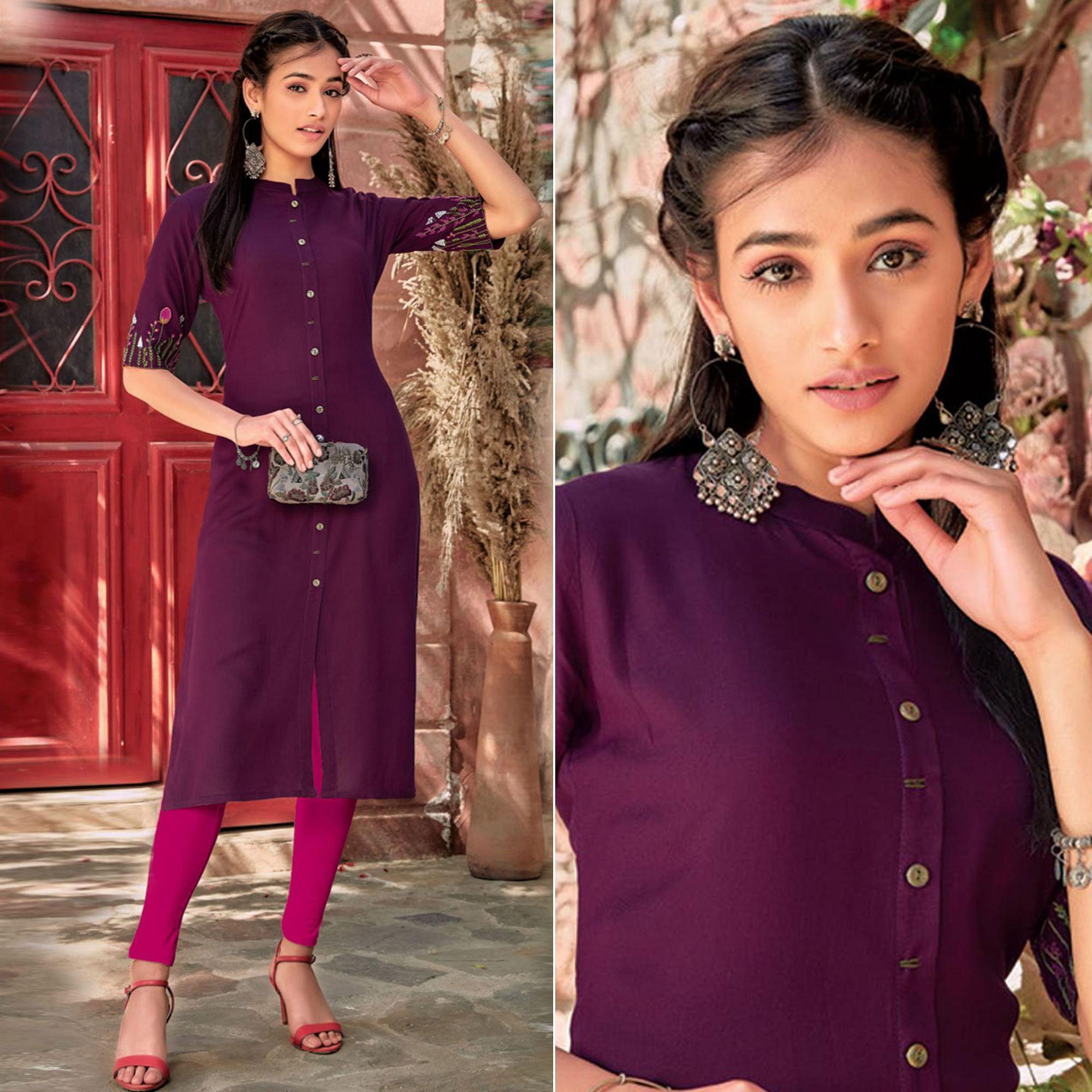 Wine Floral Embroidered Rayon Kurti - Peachmode