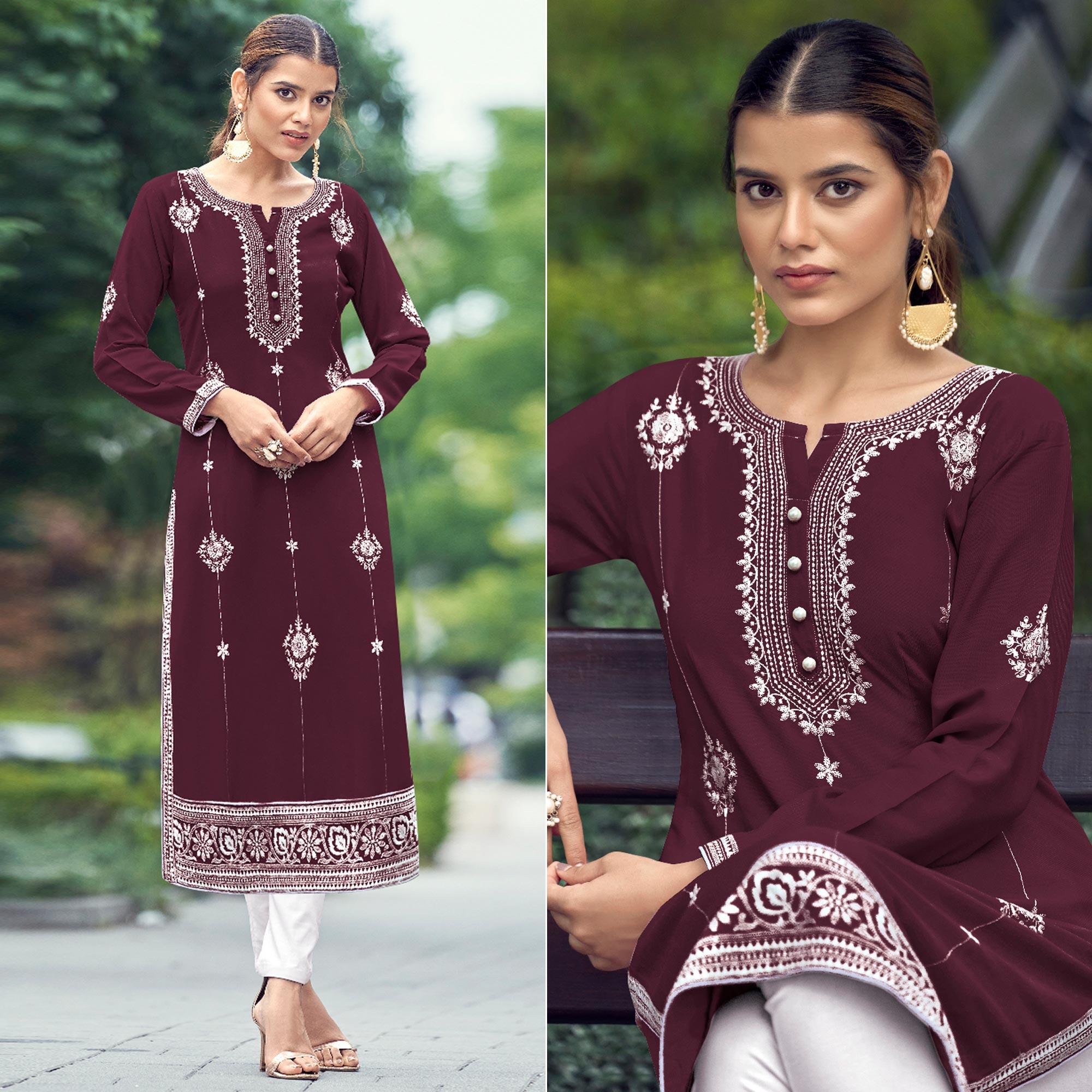 Wine Floral Embroidered Rayon Kurti - Peachmode