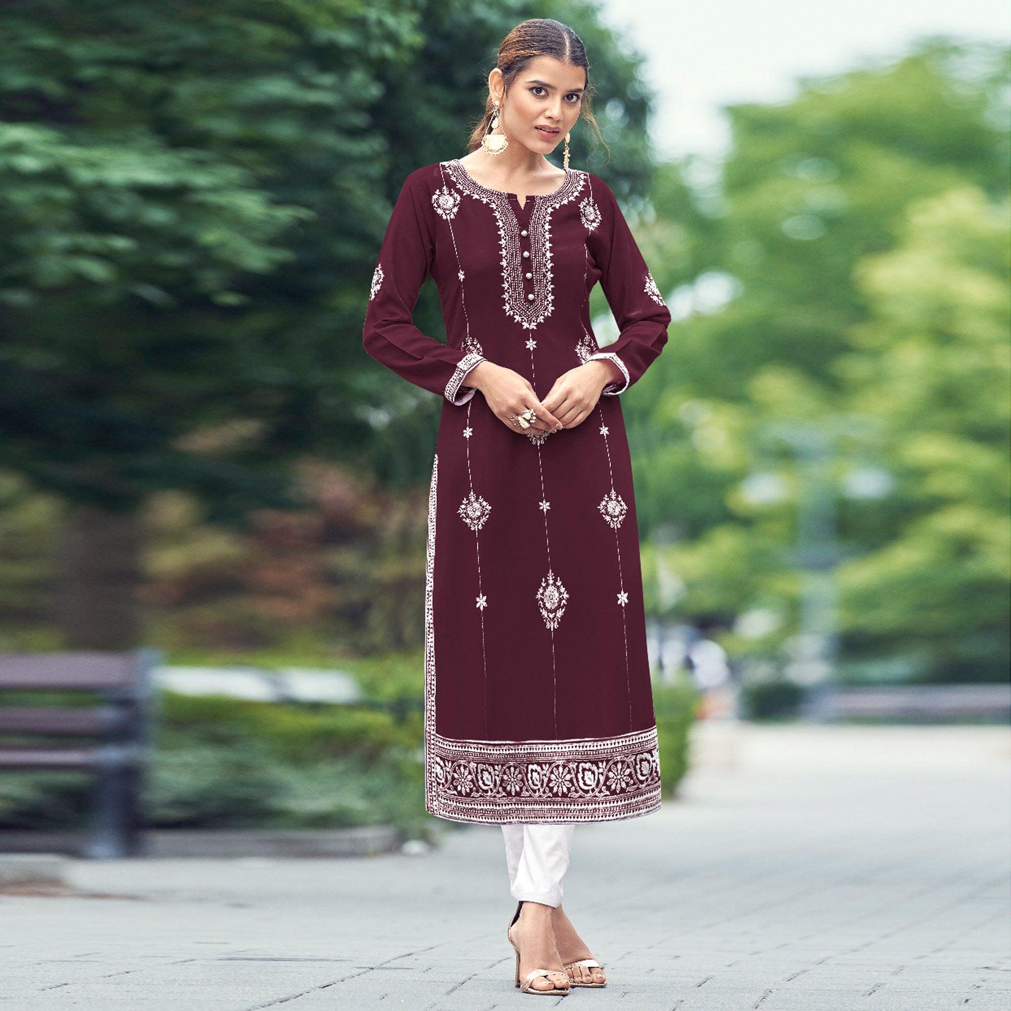 Wine Floral Embroidered Rayon Kurti - Peachmode