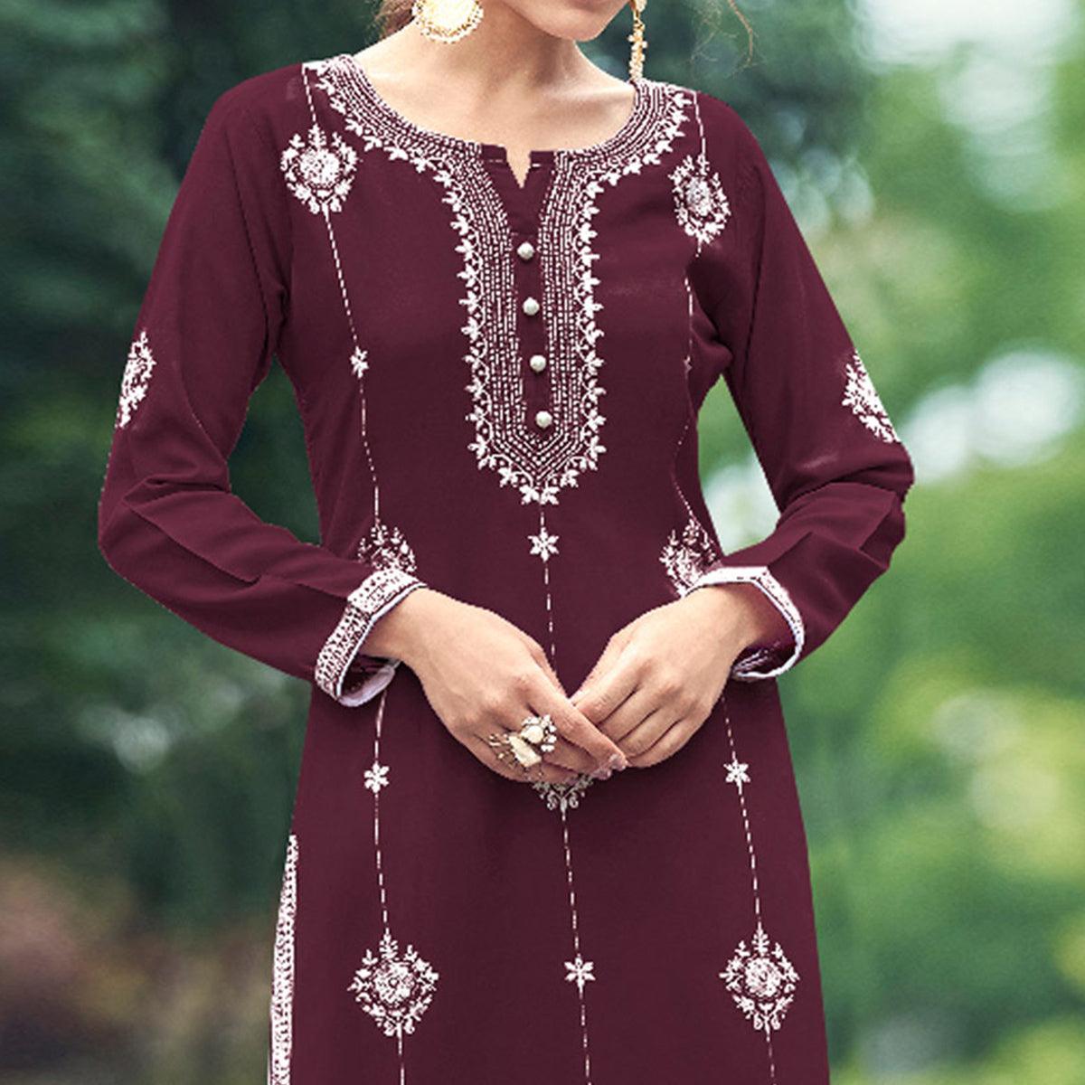 Wine Floral Embroidered Rayon Kurti - Peachmode