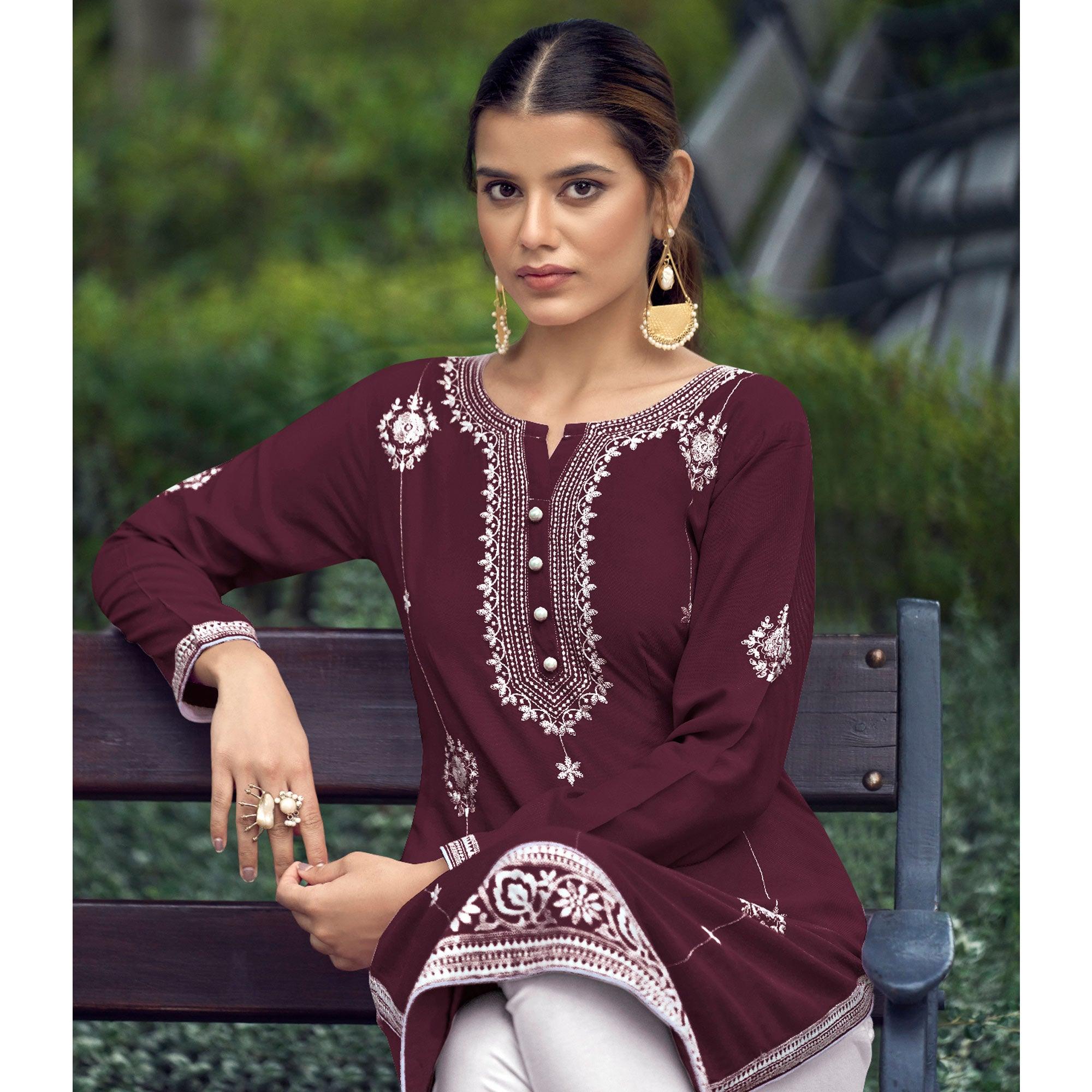 Wine Floral Embroidered Rayon Kurti - Peachmode